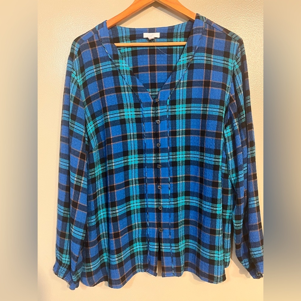 J. Jill Blue and Black Plaid Button Down Shirt Rayon Long Sleeve XLP